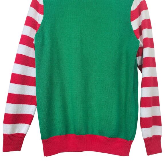 To be Jolly Womens Ugly Christmas Sweater Elf Striped Sleeves Holiday Sz Large - Picture 7 of 10